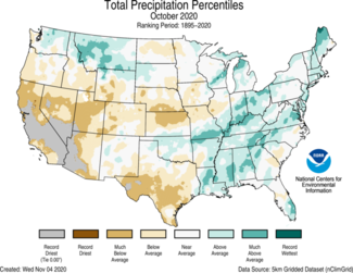 October 2020 US Total Precipitation Percentiles Map