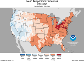 Map of U.S. average temperature percentiles for October 2021
