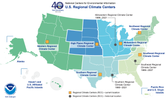 Map showing the current and former locations of the six Regional Climate Centers, along with their service regions.