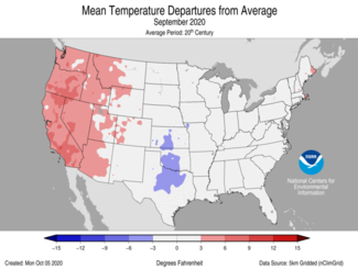 September 2020 US Mean Temperature Departures from Average