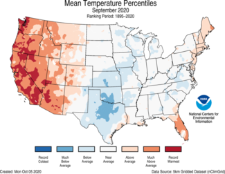 September 2020 US Average Temperature Percentiles Map