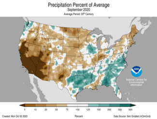 September 2020 US Precipitation Percent of Average Map