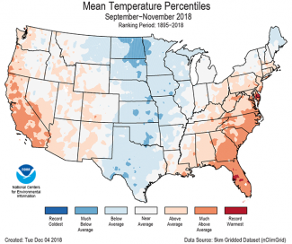 Map of September to November 2018 U.S. average temperature percentiles