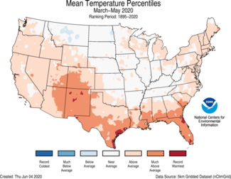 Map of March-May 2020 U.S. average temperature percentiles