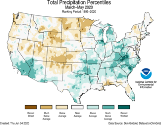 Map of March-May 2020 U.S. total precipitation percentiles