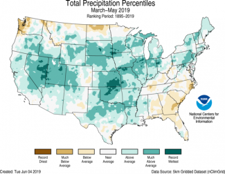 Map of March to May 2019 U.S. total precipitation percentiles