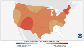 Map of Climate Prediction Center predicted temperatures for September 2018 to November 2018