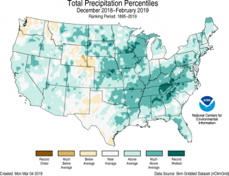 Map of U.S. total precipitation percentiles for winter 2018-19