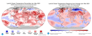 January to March 2021 Global Temperature Percentile Map and Global Temperature Departures from Average Map