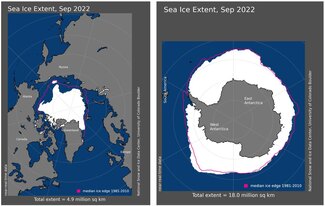 Map of Arctic (left) and Antarctic (right) and surrounding regions  showing sea ice extent in white for September 2022.
