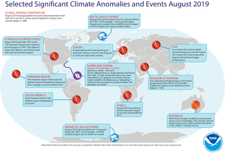 Map of global selected significant climate anomalies and events for August 2019