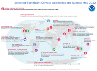 Map of world showing locations of significant climate anomalies and events in May 2022 with text describing each event and title at top stating Selected Significant Climate Anomalies and Events: May 2022.