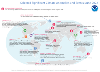 Map of world showing locations of significant climate anomalies and events in June 2022 with text describing each event.