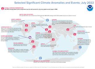 Map of world showing locations of significant climate anomalies and events in July 2022 with text describing each event and title at top stating Selected Significant Climate Anomalies and Events: July 2022.