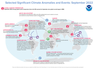 Map of world showing locations of significant climate anomalies and events in September 2022 with text describing each event and title at top stating Selected Significant Climate Anomalies and Events: September 2022.