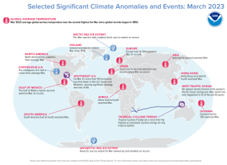 Map of world showing locations of significant climate anomalies and events in March 2023 with text describing each event and title at top stating Selected Significant Climate Anomalies and Events: March 2023. 
