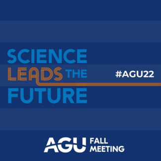 "Science Leads the Future" on left side and #AGU22 on the right, with dark blue alternating lines in background.