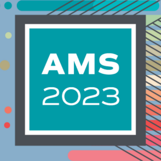"AMS 2023" in a square border with dots on the left and diagonal colorful striations on the right.