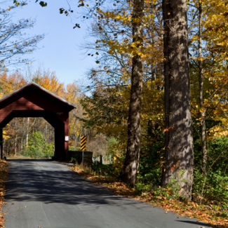 Wooden covered bridge in autumn across Owens Creek on Roddy Rd in Frederick County, MD.