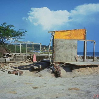 Shell of a beachside building nearly demolished by the 1992 Nicaraguan earthquake and tsumani.