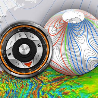 Depiction of a compass and Earth's magnetic field