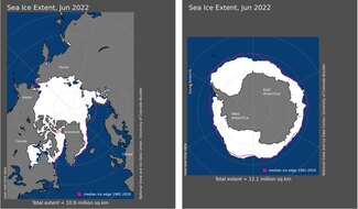 Map of Arctic and surrounding regions of Canada, Alaska, Greenland, and Russia (left) and map of Antarctica and surrounding ocean (right) showing sea ice extent in white for June 2022.