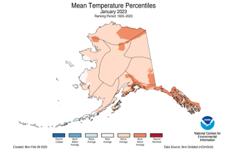 Map of January 2023 Alaska average temperature percentiles with warmer areas in gradients of red and cooler areas in gradients of blue.