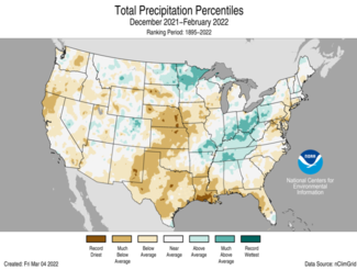 Map of Winter 2021-2022 U.S. total precipitation percentiles