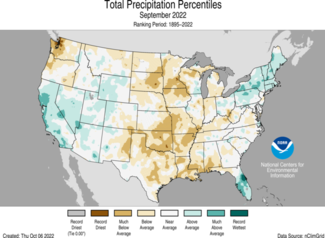 Map of the U.S. showing precipitation percentiles for September 2022 with wetter areas in gradients of green and drier areas in gradients of brown.