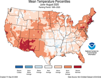 Map of Jun-Aug 2020 U.S. Average Temperature Percentiles