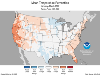 Map of January-March 2022 U.S. average temperature percentiles