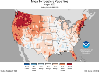 Map of the U.S. showing temperature departure from average for August 2022 with warmer areas in gradients of red and cooler areas in gradients of blue.