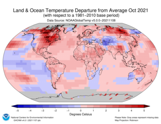 October 2021 Global Blended Land and Sea Surface Temperature Departure from Average