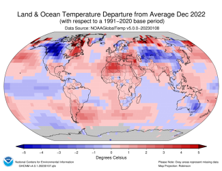 Map of world showing land/ocean temperature percentiles for December 2022 with warmer areas in gradients of red and cooler areas in gradients of blue.