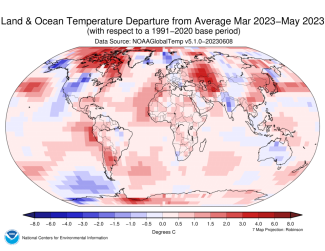 Map of the world showing land/ocean temperature departure from average for March-May 2023 with warmer areas in gradients of red and cooler areas in gradients of blue.