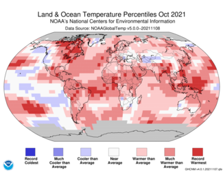 October 2021 Global Blended Land and Sea Surface Temperature Percentiles