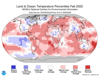 Map of global temperature percentiles for February 2022