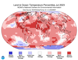 Map of the world showing land/ocean temperature percentiles for July 2023 with warmer areas in gradients of red and cooler areas in gradients of blue.