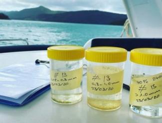 Alt Text: Image of three sample containers filled with water on a research vessel. 