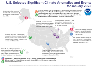 U.S. map showing locations of significant climate anomalies and events in January 2023 with text describing each event