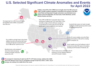 Map of U.S. selected significant climate anomalies and events for April 2022