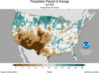 Map of April 2022 U.S. precipitation percent of normal