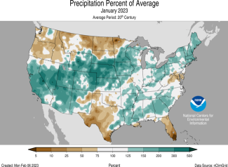 Map of the U.S. showing precipitation percentiles for January 2023 with wetter areas in gradients of green and drier areas in gradients of brown.