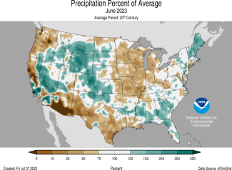 Map of the U.S. showing percent of average precipitation for June 2023 with wetter areas in gradients of green and drier areas in gradients of brown.