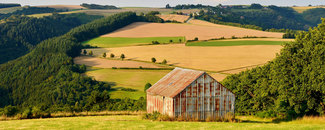 Photo of old barn on hilly agricultural field on sunny day