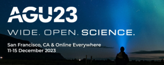 The text “AGU23 WIDE. OPEN. SCIENCE. San Francisco, CA & Online Everywhere 11–15 December 2023”overlaid on a person holding a flashlight and looking at a starry evening sky.