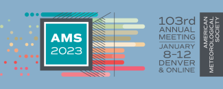 "AMS 2023" in a square border with dots on the left and diagonal colorful striations leading to text about the AMS Annual Meeting on the right.
