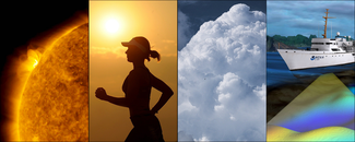 Collage of four images: sun, runner, cloud, and ship survey