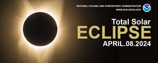 Image of a solar eclipse with the text “Total Solar Eclipse April.08.2024” on the right with the NOAA logo above it.