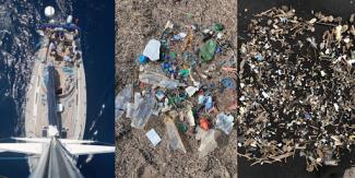 Three photos in a banner image of individual shots of gathering microplastics samples. The left image is the top of a sailboat, the middle image shows plastic trash gathered on the ground and the right image is a close up photo of a lab tray showing a variety of microplastics. 